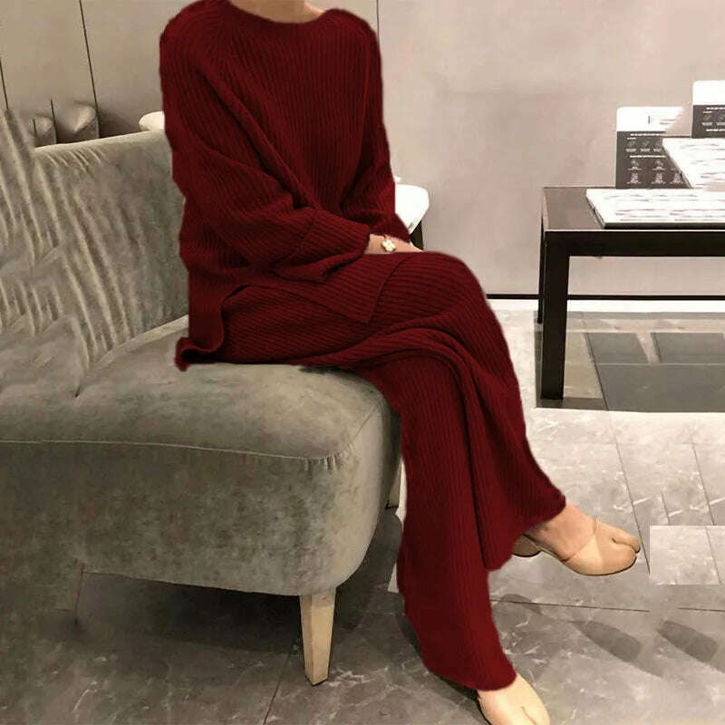 KIMLUD, Autumn/winter Fashion Casual O-Neck Pullover Tops Knitted Pant New Homewear Pajama Winter Solid Women Two Piece Set Homewear, Wine red / XL, KIMLUD APPAREL - Womens Clothes