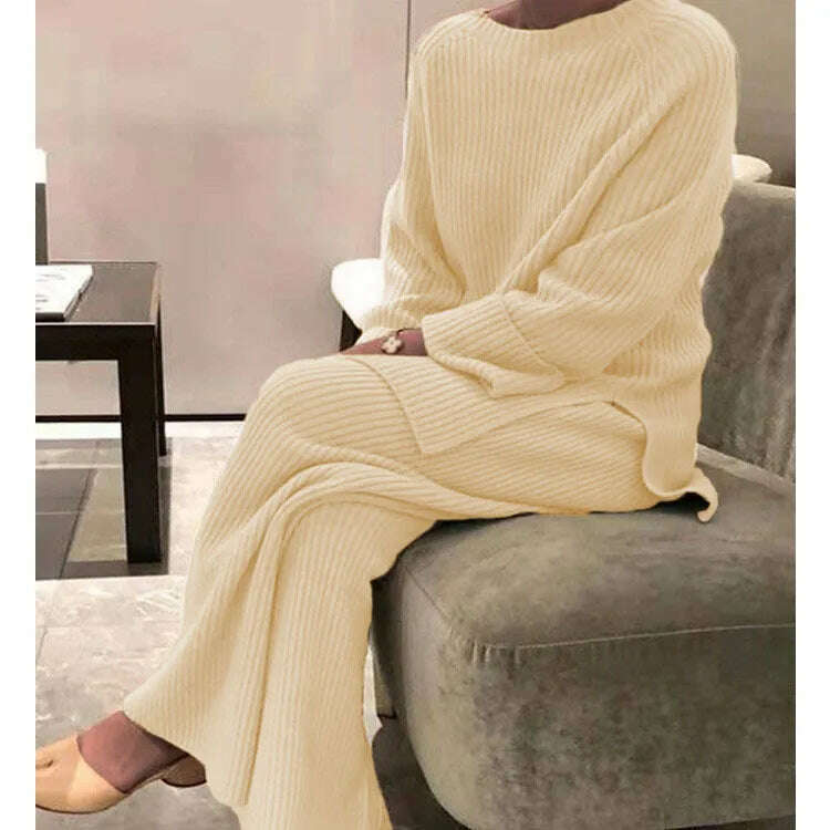 KIMLUD, Autumn/winter Fashion Casual O-Neck Pullover Tops Knitted Pant New Homewear Pajama Winter Solid Women Two Piece Set Homewear, apricot / M, KIMLUD APPAREL - Womens Clothes