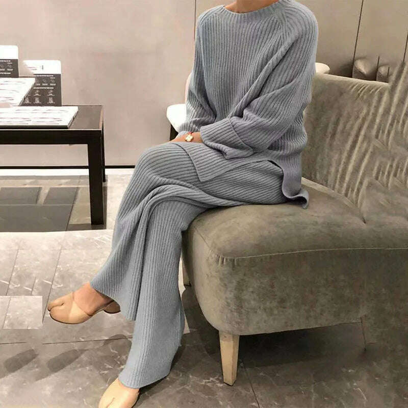 KIMLUD, Autumn/winter Fashion Casual O-Neck Pullover Tops Knitted Pant New Homewear Pajama Winter Solid Women Two Piece Set Homewear, gray / XXXL, KIMLUD APPAREL - Womens Clothes