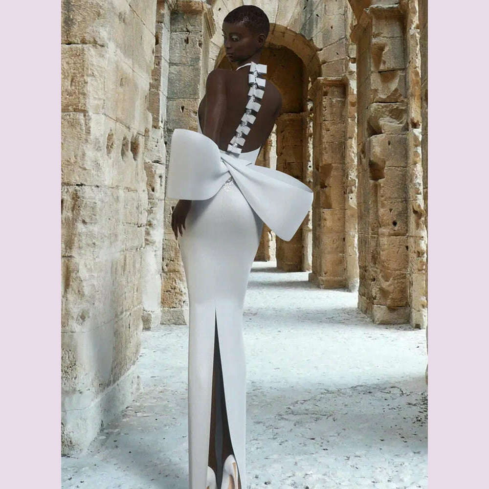 KIMLUD, Bandage Dress 2024 Women Celebrity Sexy Backless Bow Tie White Maxi Long Bodycon Elegant Evening Club Party Dress, WHITE / XS, KIMLUD APPAREL - Womens Clothes