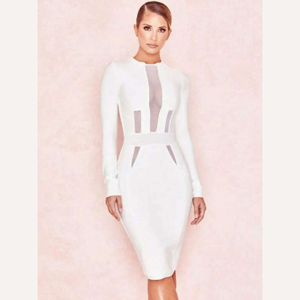 KIMLUD, BEAUKEY Sexy Long Sleeve White Mesh HL Bandage Dress Autumn Spring Winter Bodycon Hollow Out Dress Wholesale XL Maxi Vestidos, WHITE / XS, KIMLUD Womens Clothes