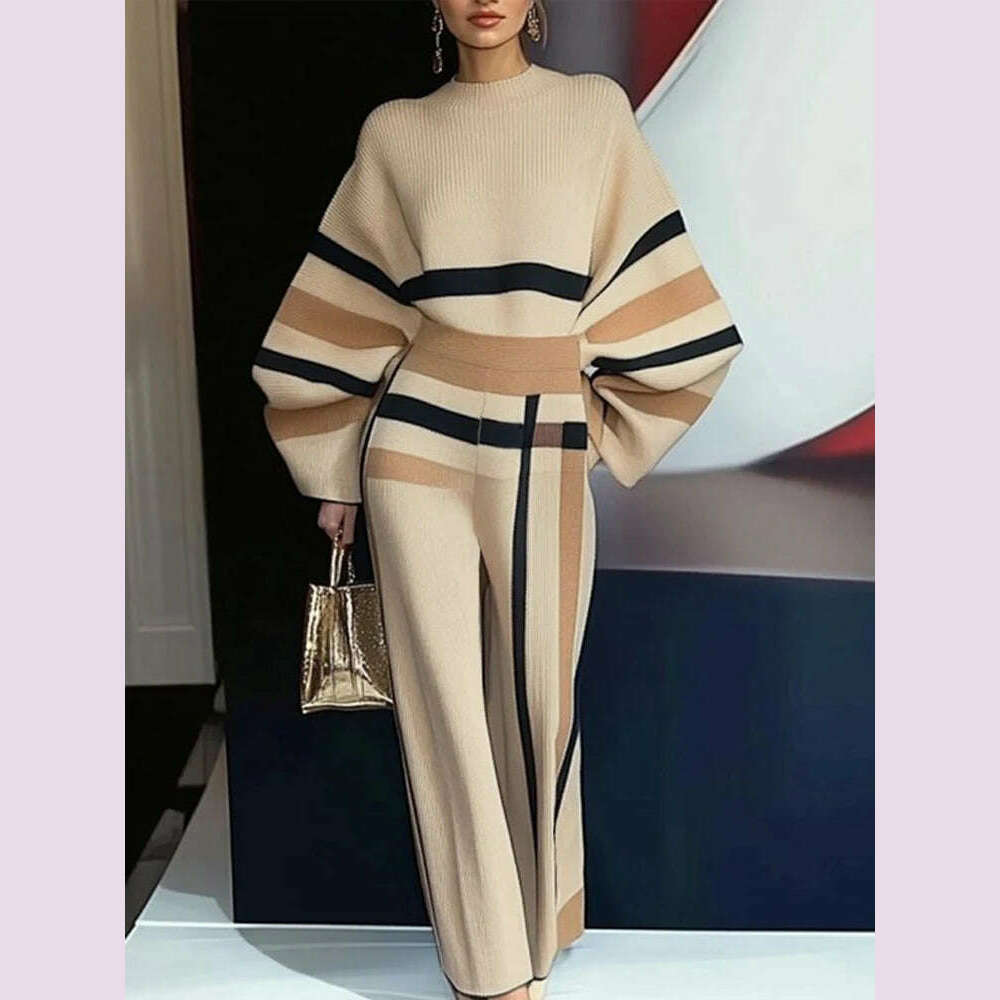 KIMLUD, Beautyblue 2 Piece Sets Women Outfit Pant Sets 2025 New Round-Neck Pullovers Khaki Sweater Striped Wide Leg Pants Tops&Bottoms, KIMLUD Womens Clothes