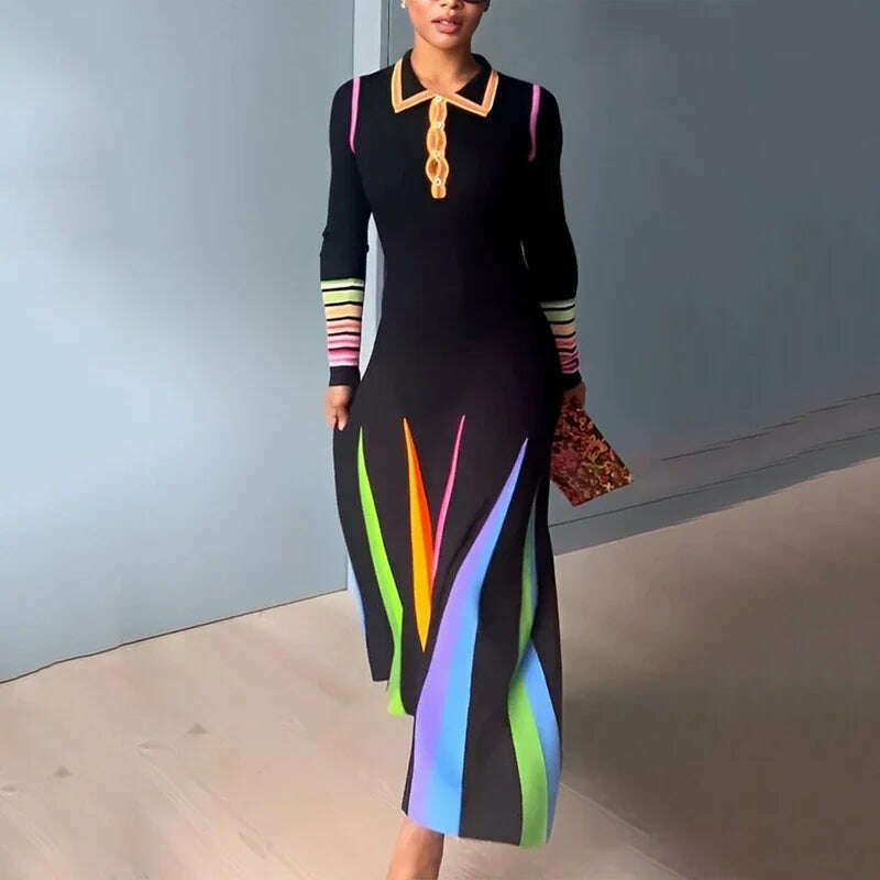 KIMLUD, Beautyblue Skinny Maxi Dresses Elegant Printed Dress for Women Long Sleeves Buttoned Lapel New Fashion Evening Party Long Robes, KIMLUD Womens Clothes