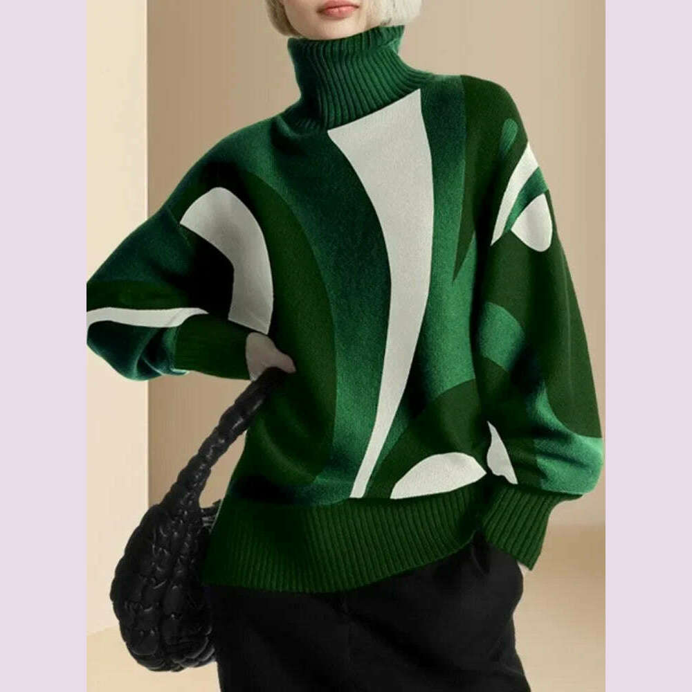 KIMLUD, Beautyblue Women's Winter Clothing Luxurious Knitwear Green Casual Contrast Color High Neck Female High Neck Pullovers Sweater, KIMLUD Womens Clothes