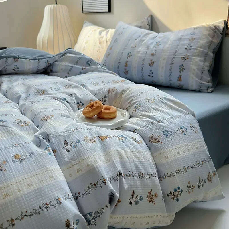 Bedding Set Duvet Cover Fresh Blue Floral. Wrinkled Yann Bed Set Of Four Pieces, Washing Cotton Sheets Bed Sheets - KIMLUD