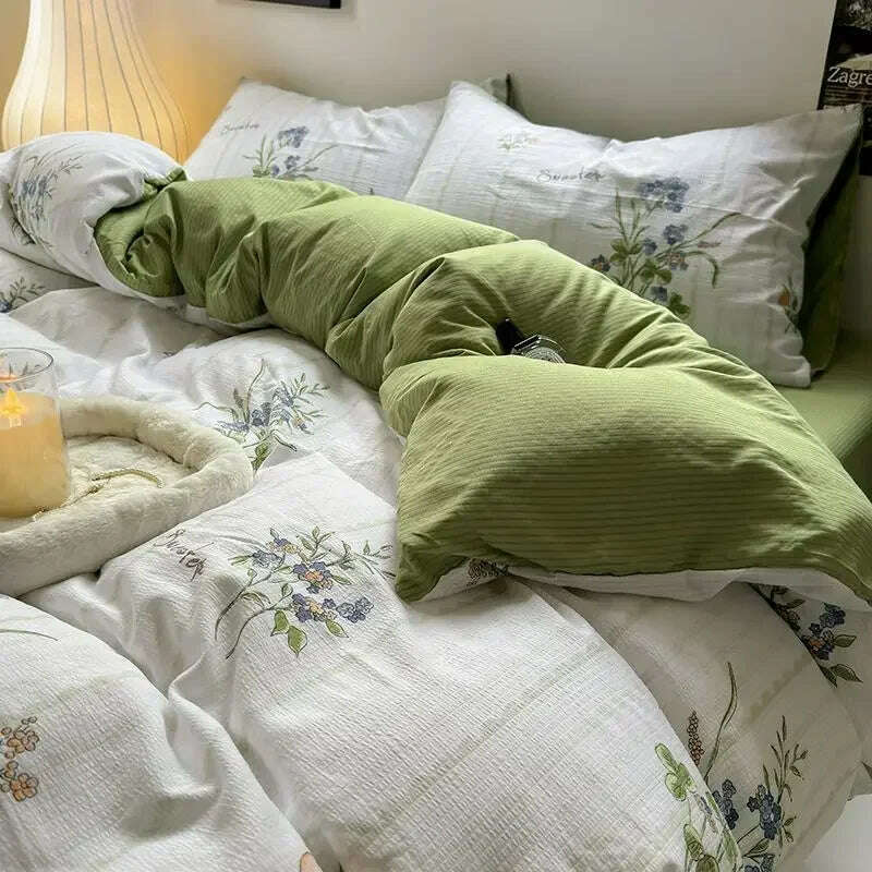 Bedding Set Duvet Cover Fresh Blue Floral. Wrinkled Yann Bed Set Of Four Pieces, Washing Cotton Sheets Bed Sheets - KIMLUD