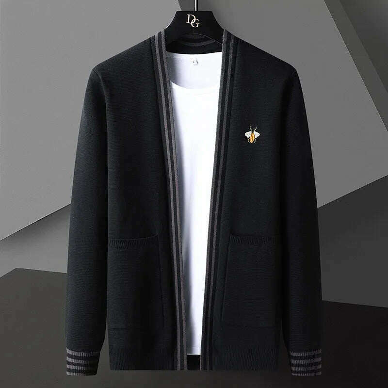 Bee Embroidery Men&#39;s Sweater Cardigan Korean Casual Coat Elegant Men Sweater 2021 Autumn Coat Trend Abrigo Hombre Men Clothing - KIMLUD