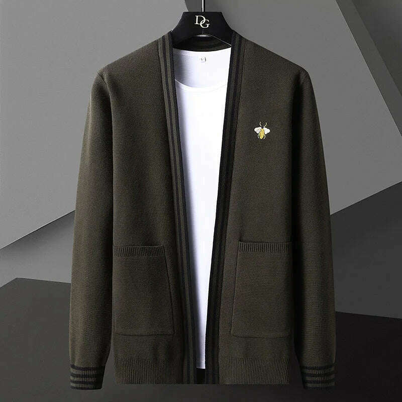 Bee Embroidery Men&#39;s Sweater Cardigan Korean Casual Coat Elegant Men Sweater 2021 Autumn Coat Trend Abrigo Hombre Men Clothing - KIMLUD