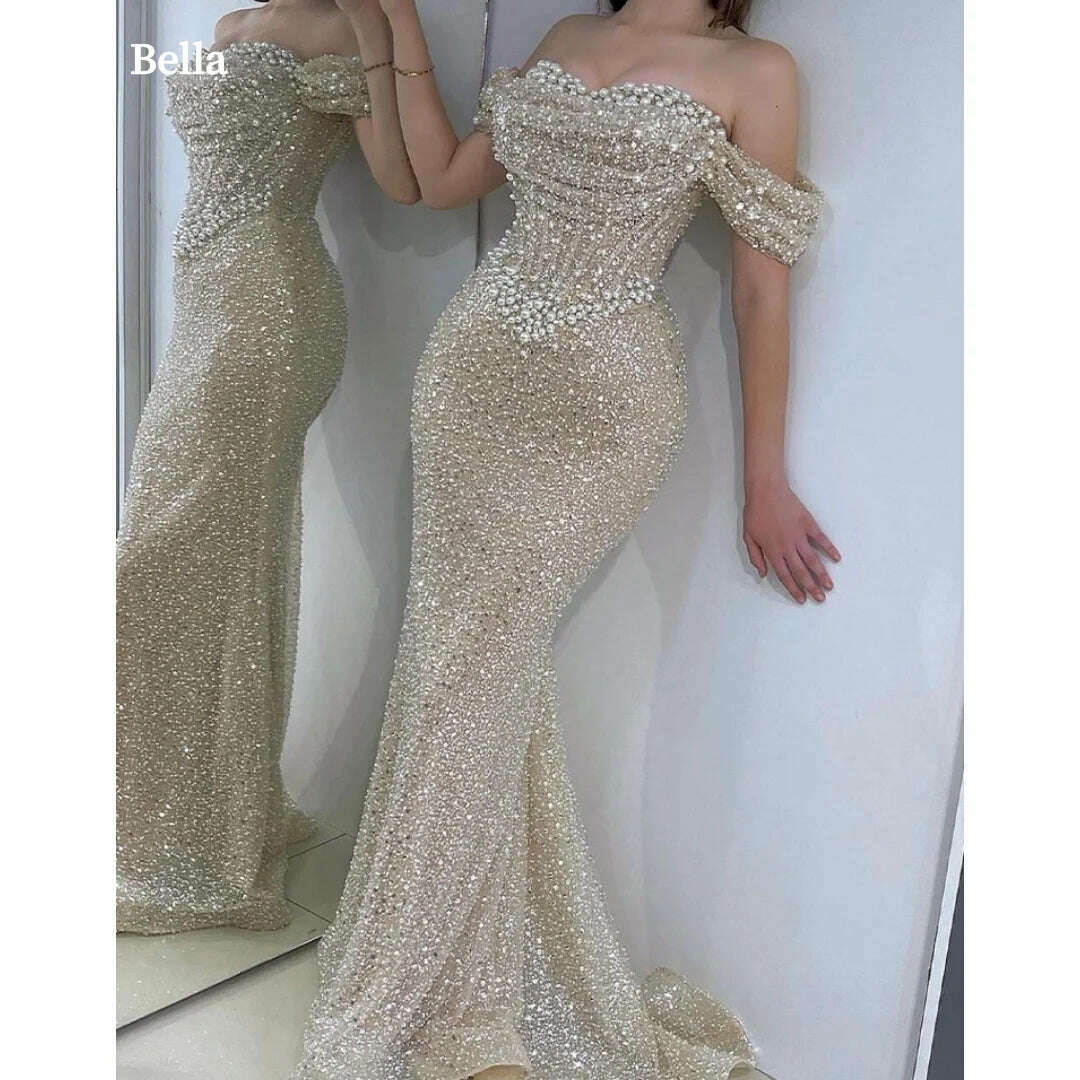 KIMLUD, Bella Bead String Off the Shoulder Mermaid robes de soirée Floor-Length Draped Cocktail Party Evening Dresses  Wedding Dress, KIMLUD Womens Clothes