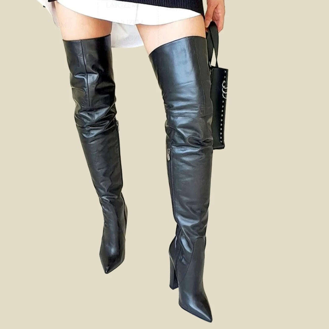KIMLUD, BERZIMER Women Thigh High Boots Faux Leather Thick High Heels Over Knee Boots Side Zip Handmade Shoes Woman Big Size 40 43 45 47, LF1446 Black / 5, KIMLUD Womens Clothes