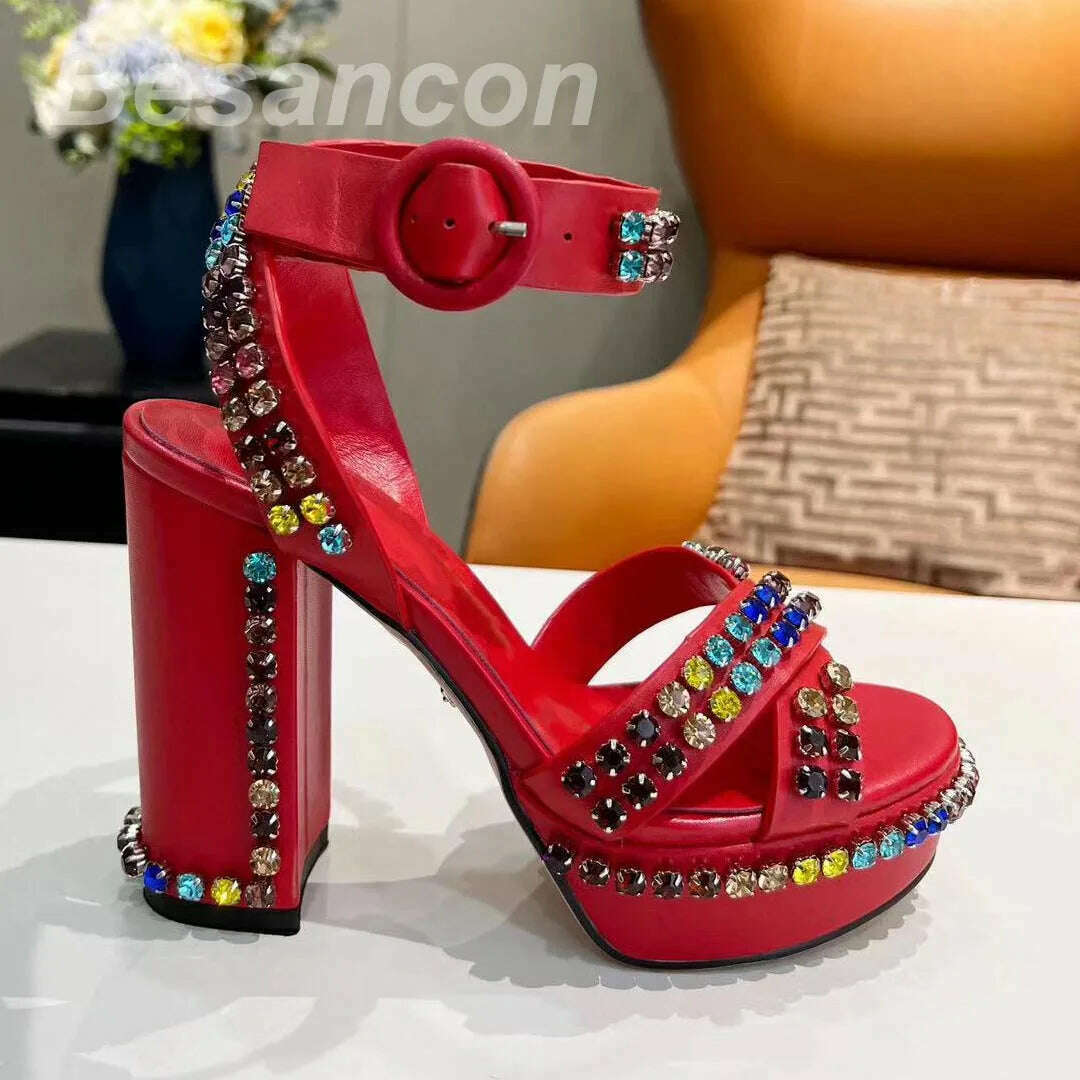 KIMLUD, Besancon 2025 Classic style Women's high-heeled 12cm sandals Diamonds Genuine leather Oversized 41 42 Waterproof platform, Red / 41, KIMLUD APPAREL - Womens Clothes