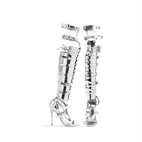 KIMLUD, Big Size 10 Cheap Price Hottest Gold Silver Patent Leather Gladiator Sandals Boots For Women Cut-out Knee High Sandals Boots, KIMLUD Womens Clothes