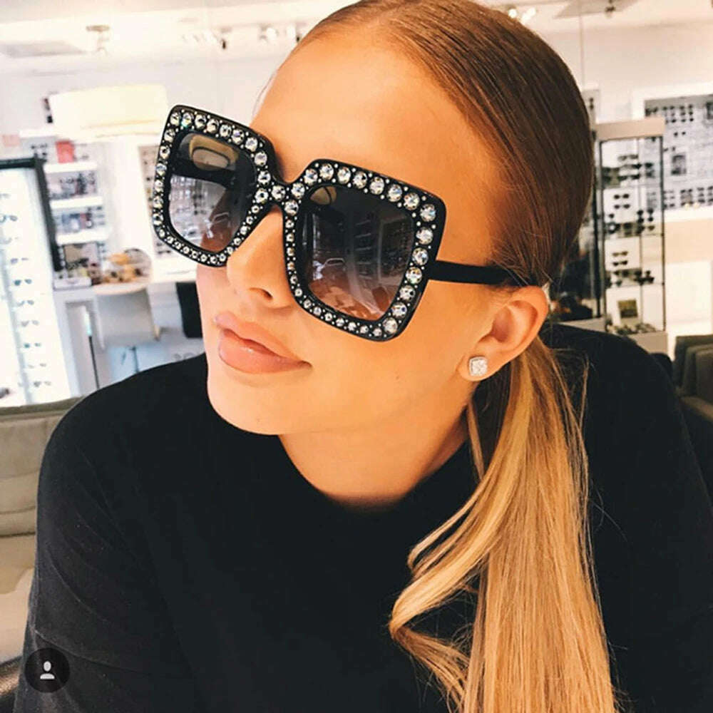 Big Square Luxury Rhinestone Sunglasses Women Crystal Oversize Brand Designer Sun Glasses Vintage UV400 Female Oculos De Sol - KIMLUD