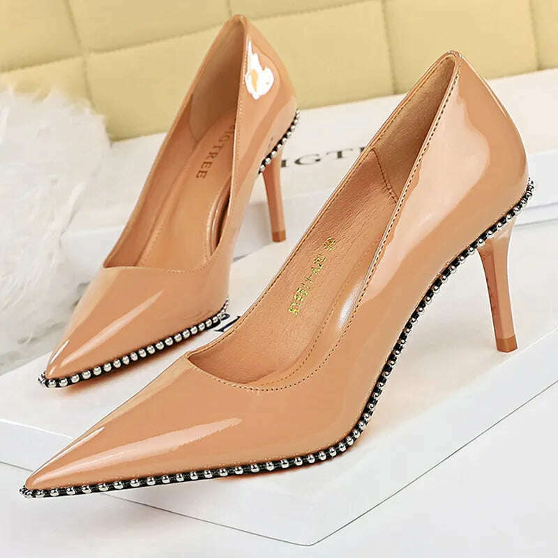 BIGTREE Shoes Rivet Woman Pumps 2023 New High Heels Stiletto Pu Leather Women Heels Sexy Party Shoes Female Heel Plus Size 43 - KIMLUD