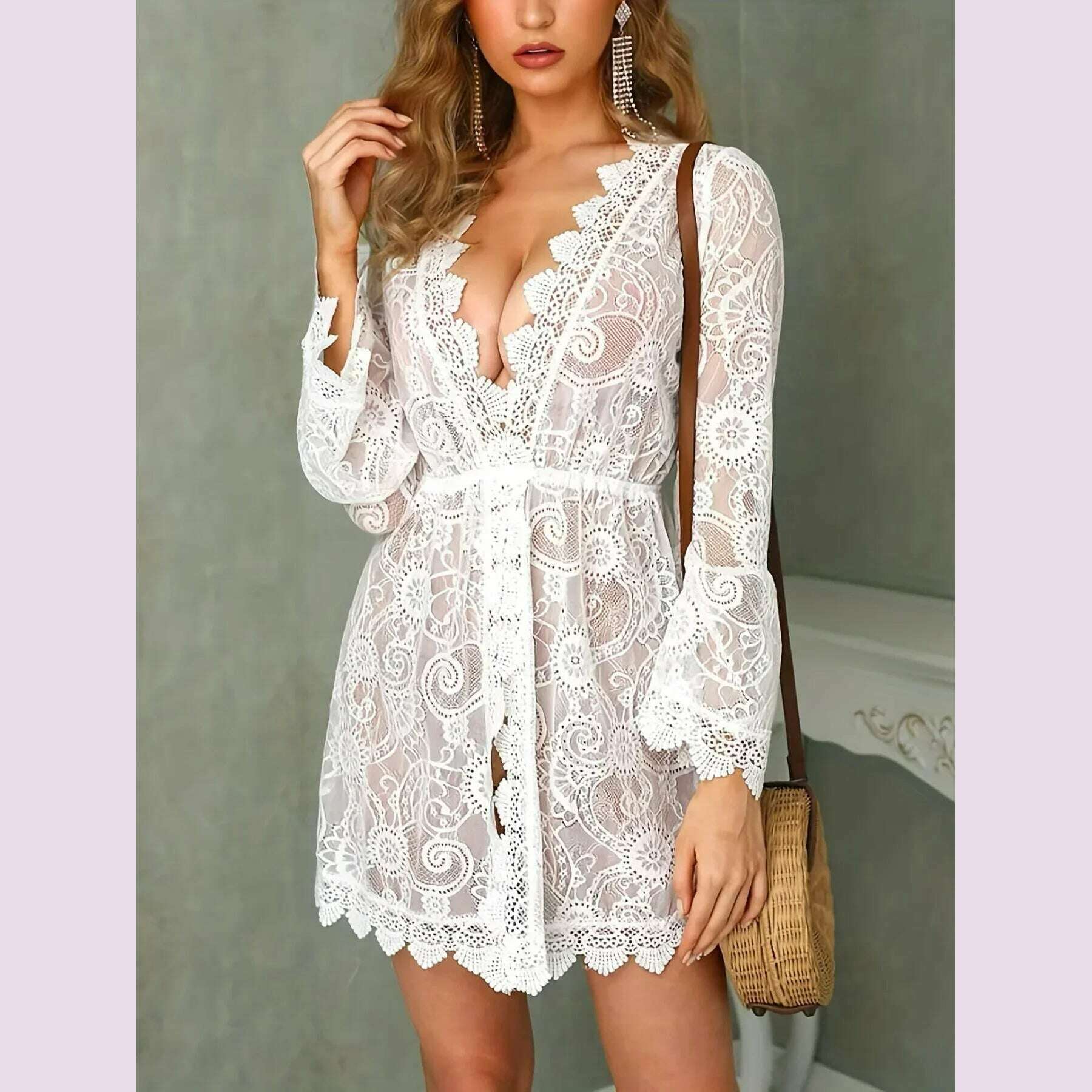 KIMLUD, Bikini Cover Ups for Women Beach Sundress Boho Crochet White Knitted V-neck Scallop Trim Lace Dress Tunic Pareos Robe Beachwear, KIMLUD Womens Clothes