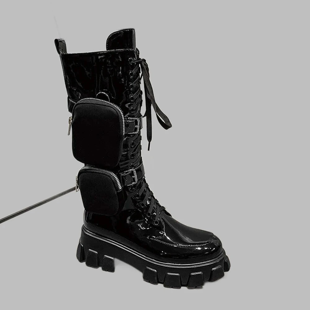 Black Package Design Thick Sole Boots For Female Women Luxury Round Toe Lace-up Mid-calf Handmade Fashion Solid All-match Shoes - KIMLUD
