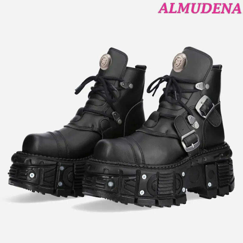 Black Punk Metal Buckled Boots Women Platform Thick Sole Lace up Rock Leather Shoes Vintage Luxury Designer Y2K Shoe Booties - KIMLUD