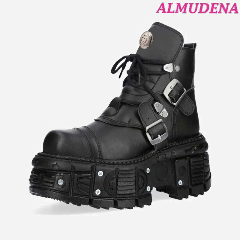 Black Punk Metal Buckled Boots Women Platform Thick Sole Lace up Rock Leather Shoes Vintage Luxury Designer Y2K Shoe Booties - KIMLUD