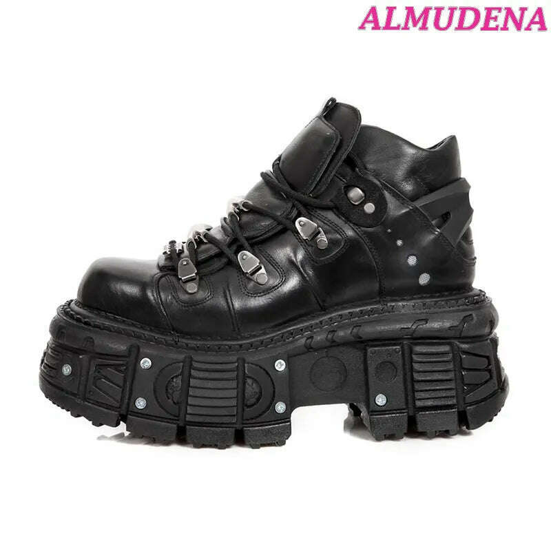 Black Punk Metal Buckled Boots Women Platform Thick Sole Lace up Rock Leather Shoes Vintage Luxury Designer Y2K Shoe Booties - KIMLUD