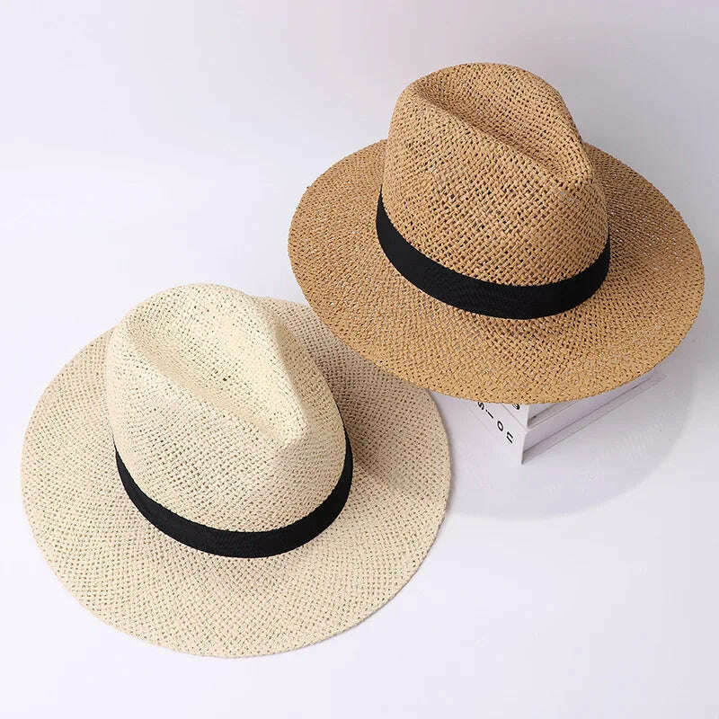 Black Ribbon Band Panama Hats Summer Women Sun Hat for Men Jazz Top Wide Brim Staw Beach Hat Derby Party Wedding Hat - KIMLUD
