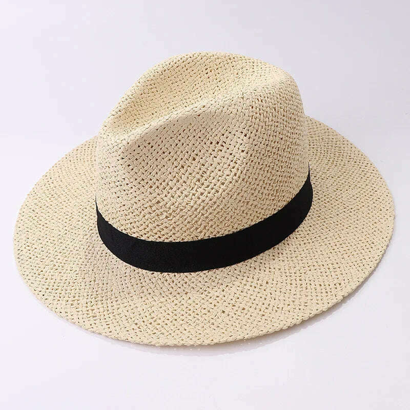 Black Ribbon Band Panama Hats Summer Women Sun Hat for Men Jazz Top Wide Brim Staw Beach Hat Derby Party Wedding Hat - KIMLUD