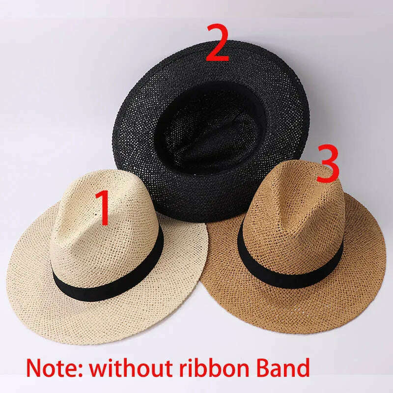 Black Ribbon Band Panama Hats Summer Women Sun Hat for Men Jazz Top Wide Brim Staw Beach Hat Derby Party Wedding Hat - KIMLUD