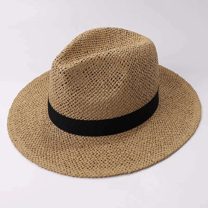 Black Ribbon Band Panama Hats Summer Women Sun Hat for Men Jazz Top Wide Brim Staw Beach Hat Derby Party Wedding Hat - KIMLUD