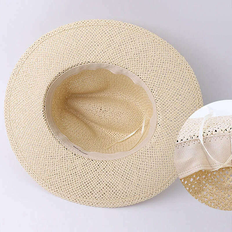 Black Ribbon Band Panama Hats Summer Women Sun Hat for Men Jazz Top Wide Brim Staw Beach Hat Derby Party Wedding Hat - KIMLUD