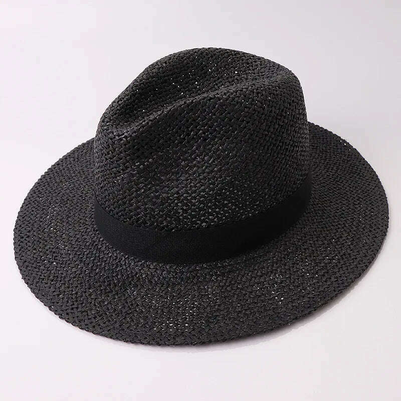 Black Ribbon Band Panama Hats Summer Women Sun Hat for Men Jazz Top Wide Brim Staw Beach Hat Derby Party Wedding Hat - KIMLUD