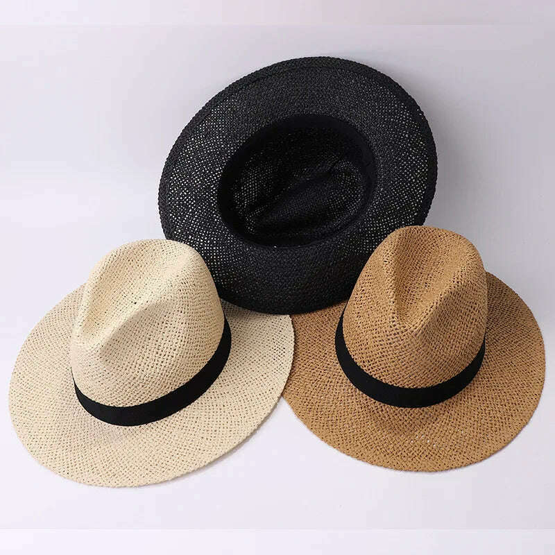 Black Ribbon Band Panama Hats Summer Women Sun Hat for Men Jazz Top Wide Brim Staw Beach Hat Derby Party Wedding Hat - KIMLUD