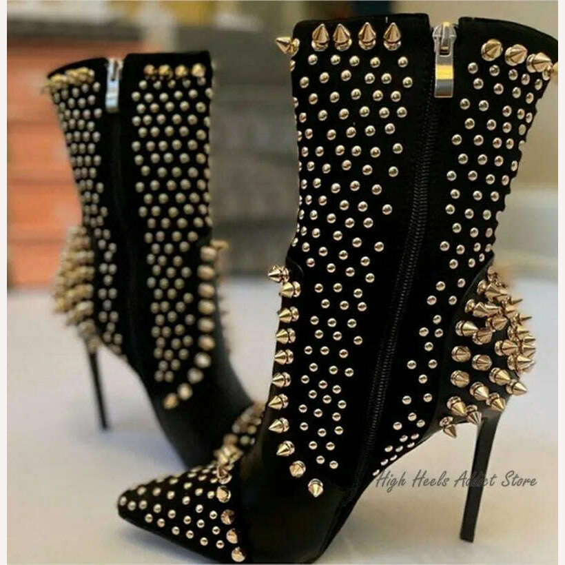 Black Studded Luxury Ankle Boots Women Sexy Full Stud High Heels Leather Booties Designer Party Stage Dress Shoes Free Shipping - KIMLUD