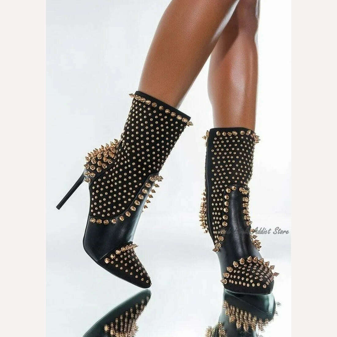 Black Studded Luxury Ankle Boots Women Sexy Full Stud High Heels Leather Booties Designer Party Stage Dress Shoes Free Shipping - KIMLUD