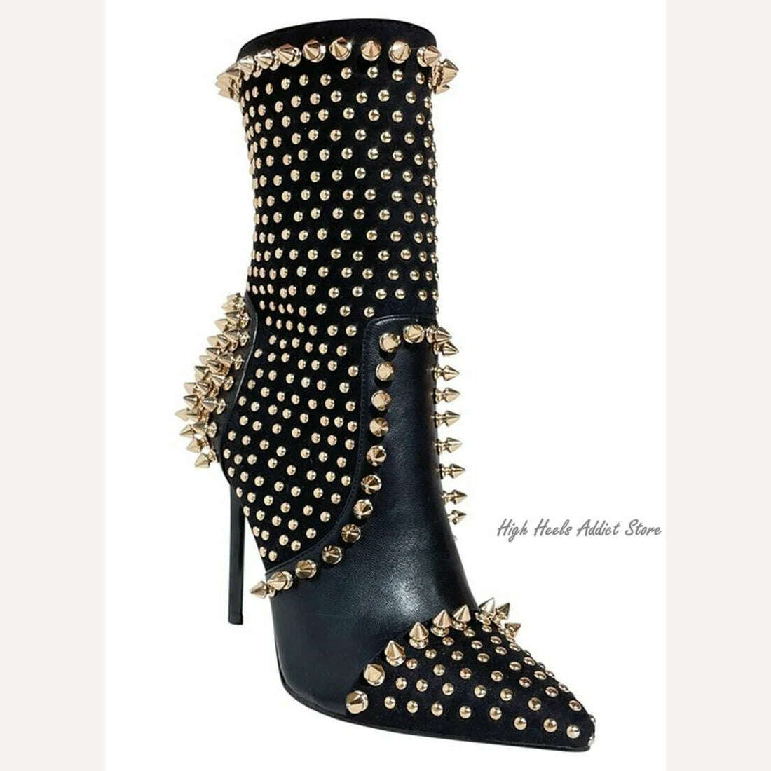 Black Studded Luxury Ankle Boots Women Sexy Full Stud High Heels Leather Booties Designer Party Stage Dress Shoes Free Shipping - KIMLUD