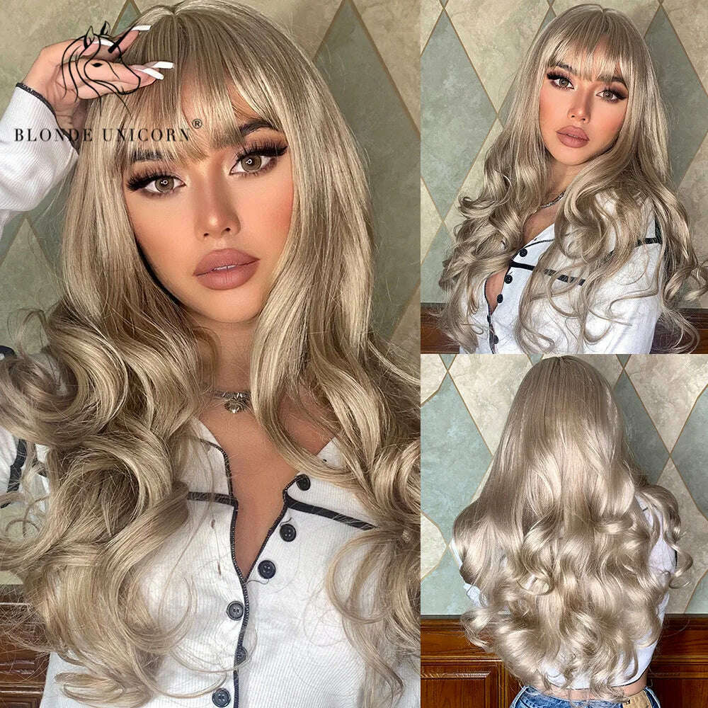 Blonde Unicorn Synthetic Long Wavy Wig Ombre Purple to Blue For WOMEN Cosplay halloween Wigs Heat Resistant Fiber Bangs Hair - KIMLUD