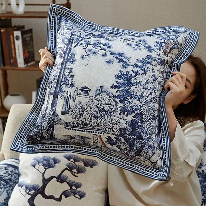 Blue White Porcelain Floral Throw Pillow Covers Vintage Chinoiserie Decorative Pillowcase Square Cushion for Couch Bed Room 45cm - KIMLUD