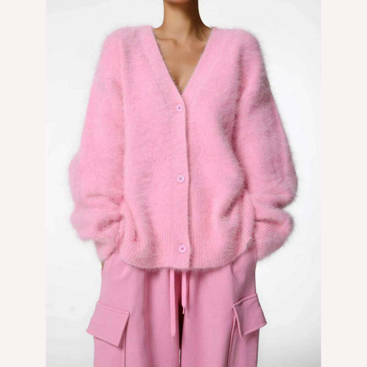 Bornladies Women Imitation Mink Cardigan Soft V-neck Thiick Knitted Jacket Winter Button Vintage Cardigan Sweater for Women - KIMLUD