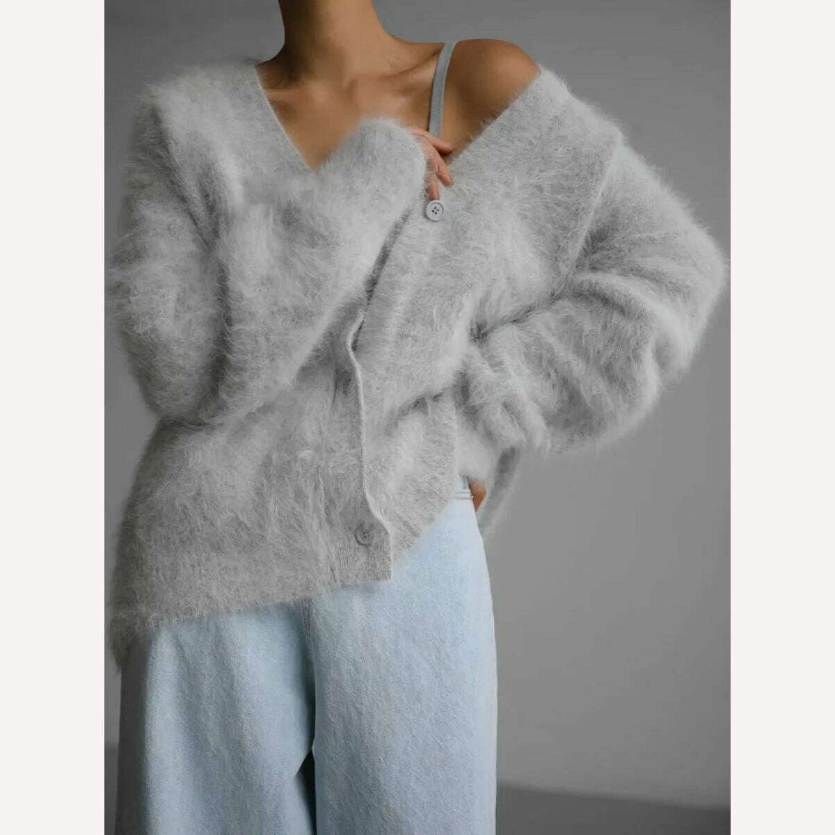 Bornladies Women Imitation Mink Cardigan Soft V-neck Thiick Knitted Jacket Winter Button Vintage Cardigan Sweater for Women - KIMLUD