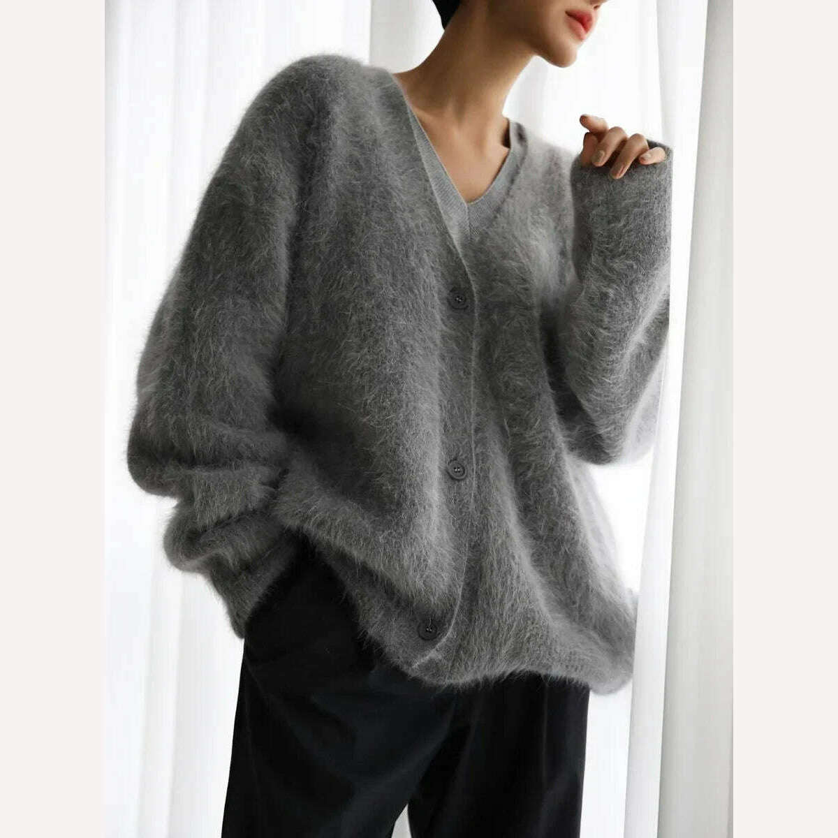 Bornladies Women Imitation Mink Cardigan Soft V-neck Thiick Knitted Jacket Winter Button Vintage Cardigan Sweater for Women - KIMLUD