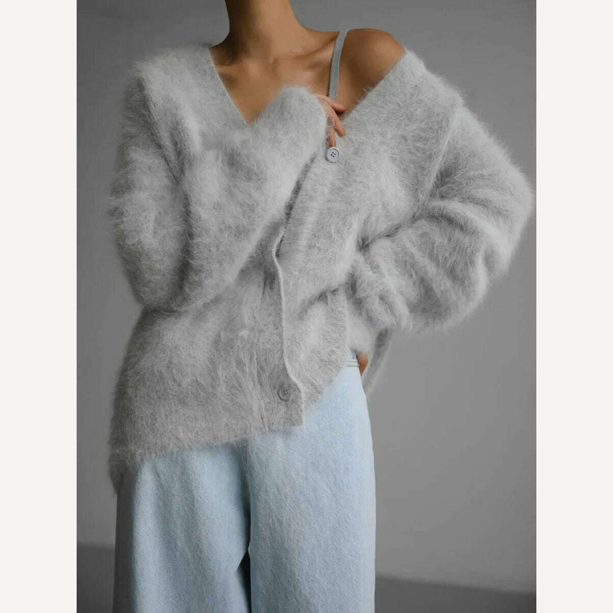 Bornladies Women Imitation Mink Cardigan Soft V-neck Thiick Knitted Jacket Winter Button Vintage Cardigan Sweater for Women - KIMLUD