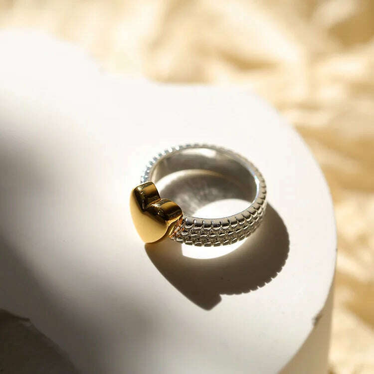 Brass 2 Tone Heart Solid Rings Women Jewelry Punk Style Designer Club Cocktail Party Gown Amazing Gift Trendy Boho Korean Japan - KIMLUD