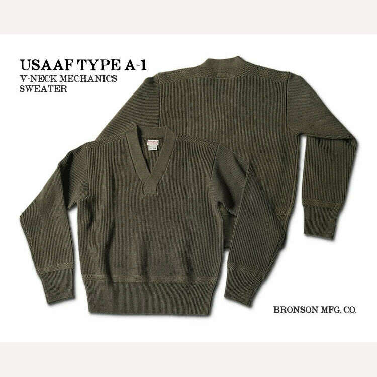 Bronson WWII USAAF Type A-1 Mechanic Sweater Men Heavyweight V-Neck Knit Jumper - KIMLUD