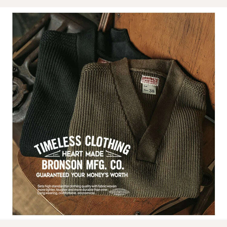 Bronson WWII USAAF Type A-1 Mechanic Sweater Men Heavyweight V-Neck Knit Jumper - KIMLUD