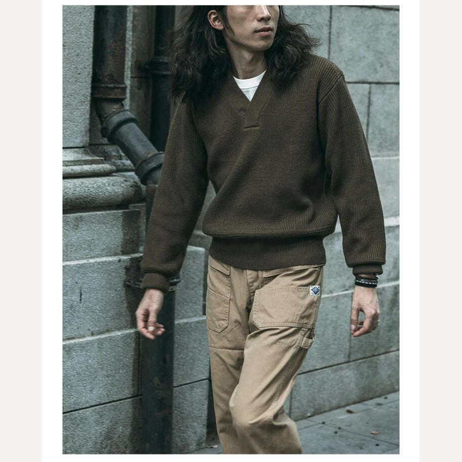 Bronson WWII USAAF Type A-1 Mechanic Sweater Men Heavyweight V-Neck Knit Jumper - KIMLUD