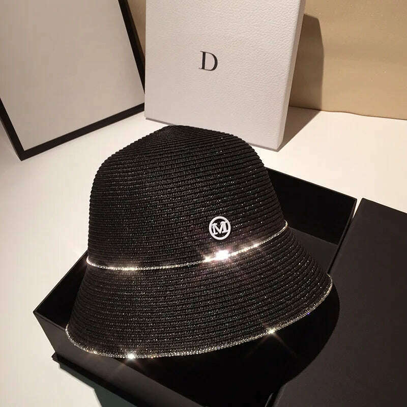Bucket Hat Summer Hats for Women Fishing Hat Woolen Rhinestone Solid Color Basin Hat Leisure Outdoor Beach Sun Hat - KIMLUD