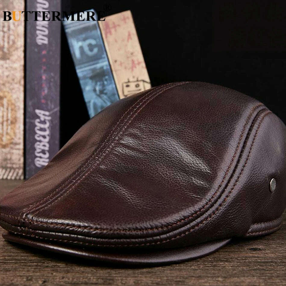 BUTTERMERE Flat Caps Men Real Leather Duckbill Hats Berets Earflaps Black Casual Directors Cap Male Vintage Winter Driving Caps - KIMLUD