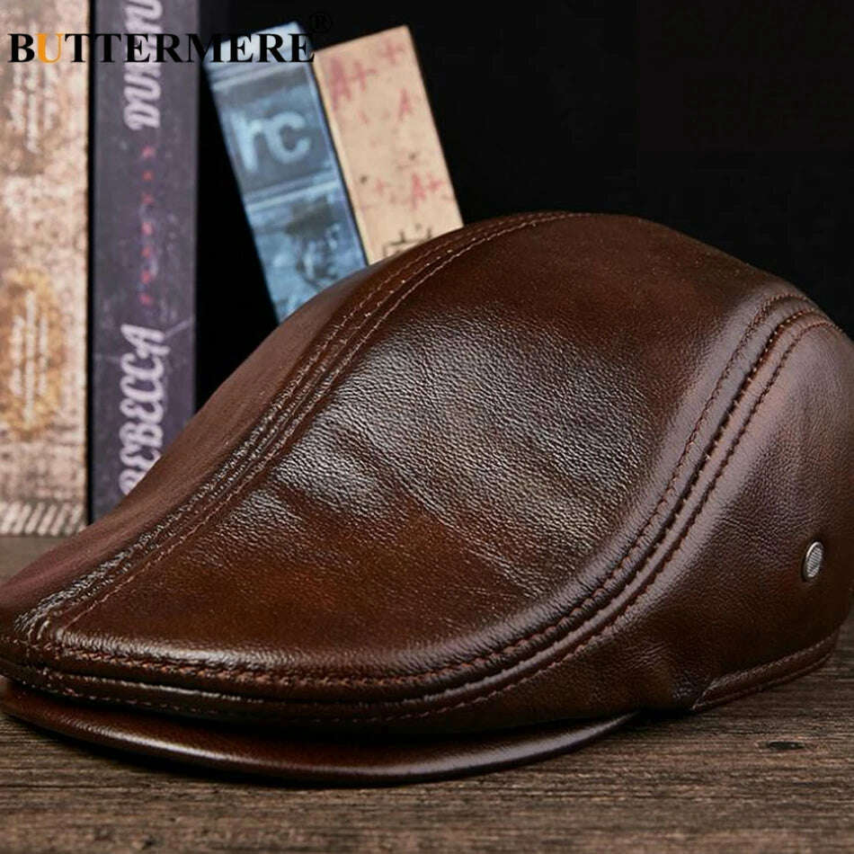 BUTTERMERE Flat Caps Men Real Leather Duckbill Hats Berets Earflaps Black Casual Directors Cap Male Vintage Winter Driving Caps - KIMLUD