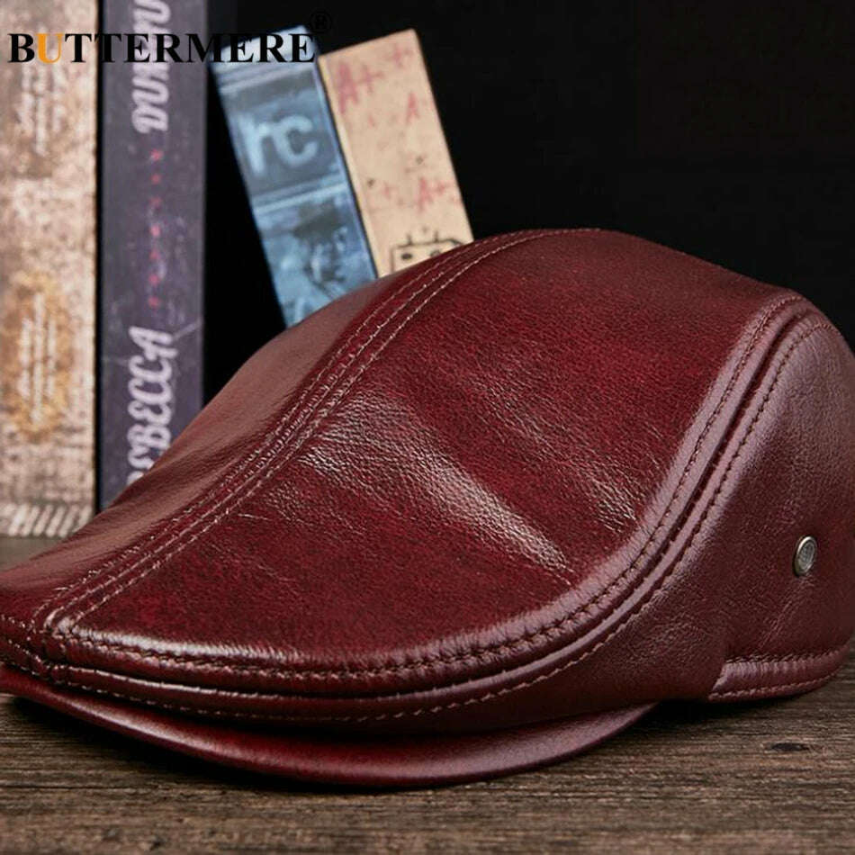 BUTTERMERE Flat Caps Men Real Leather Duckbill Hats Berets Earflaps Black Casual Directors Cap Male Vintage Winter Driving Caps - KIMLUD