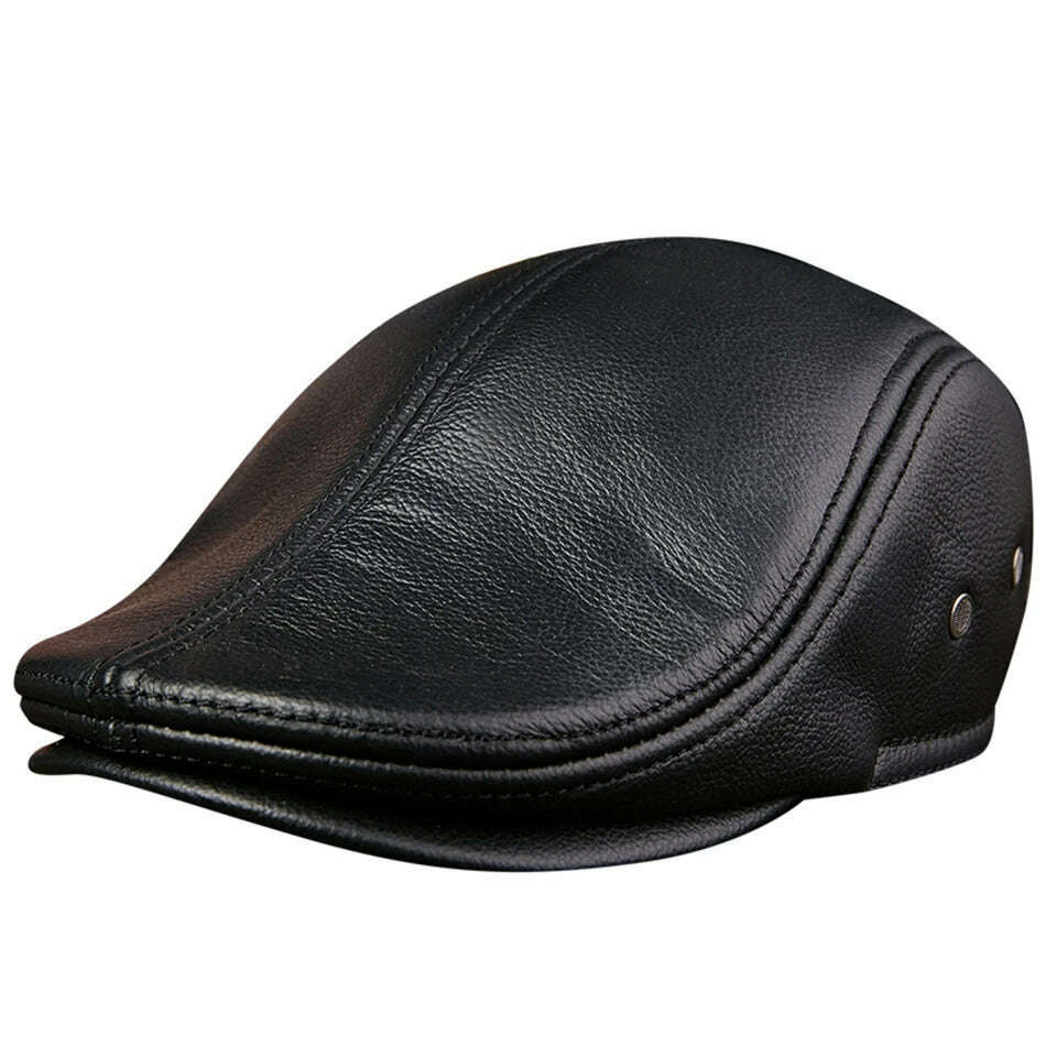 BUTTERMERE Flat Caps Men Real Leather Duckbill Hats Berets Earflaps Black Casual Directors Cap Male Vintage Winter Driving Caps - KIMLUD
