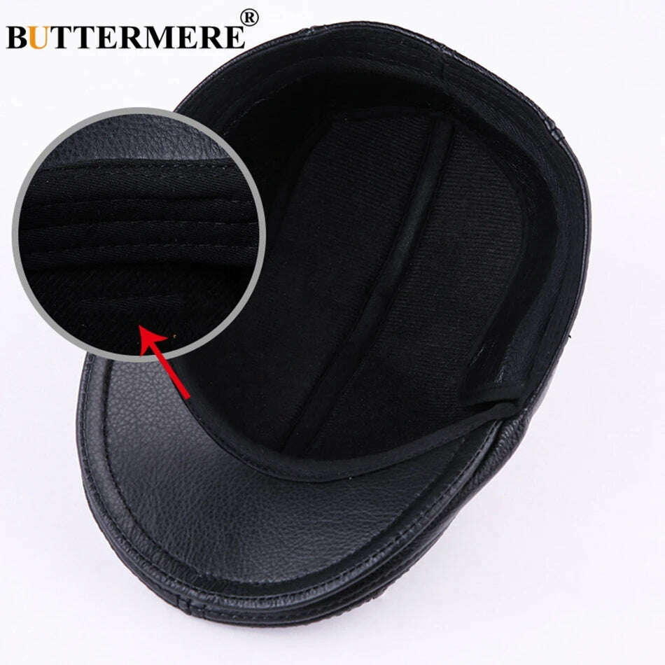 BUTTERMERE Flat Caps Men Real Leather Duckbill Hats Berets Earflaps Black Casual Directors Cap Male Vintage Winter Driving Caps - KIMLUD
