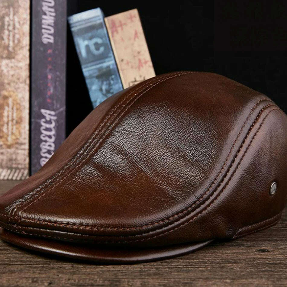 BUTTERMERE Flat Caps Men Real Leather Duckbill Hats Berets Earflaps Black Casual Directors Cap Male Vintage Winter Driving Caps - KIMLUD